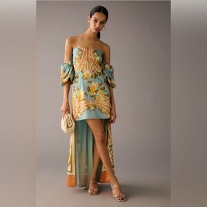 Anthropologie Vineet Bahl Off shoulder Cape Dress Blue/Orange Floral Sz XS
